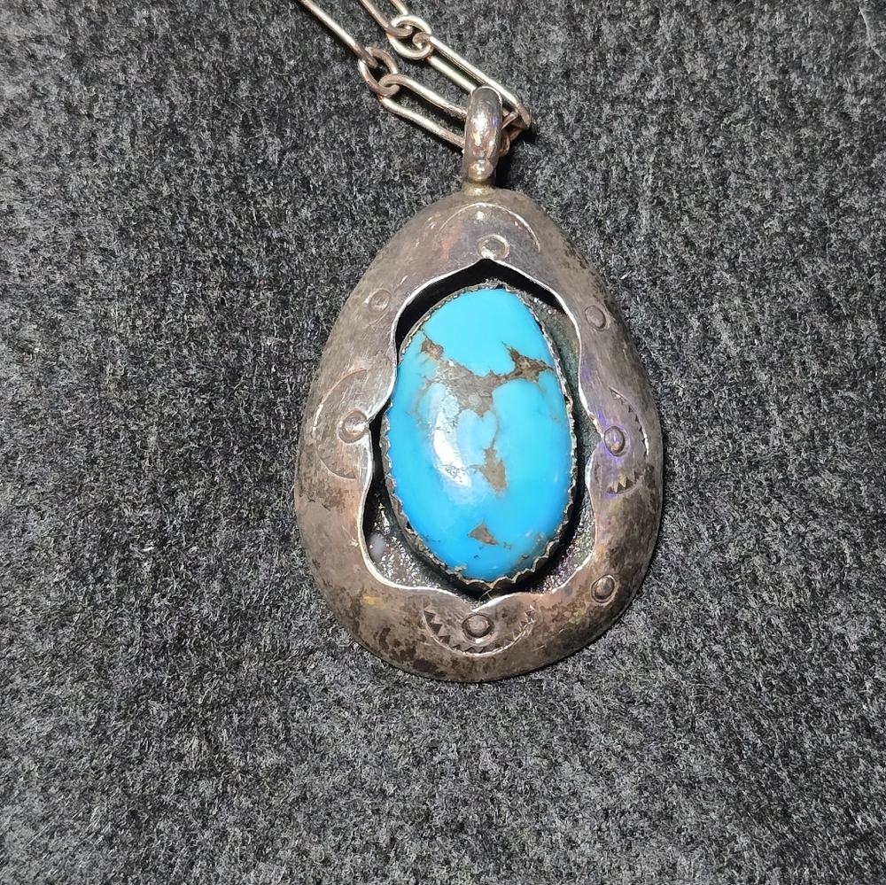 Indigenous people Native American turquoise and silver shadow pendant and chain